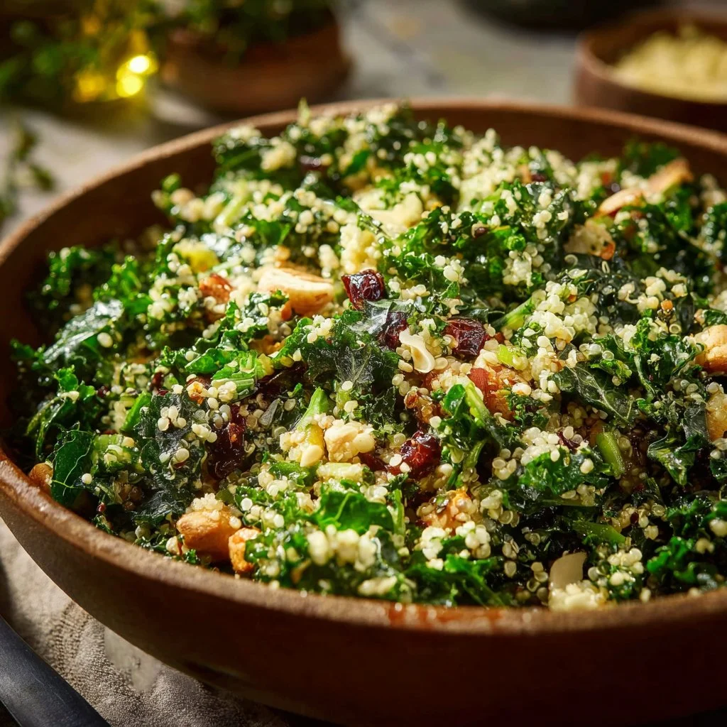 Healthy Quinoa Kale Salad with vibrant vegetables and dressing