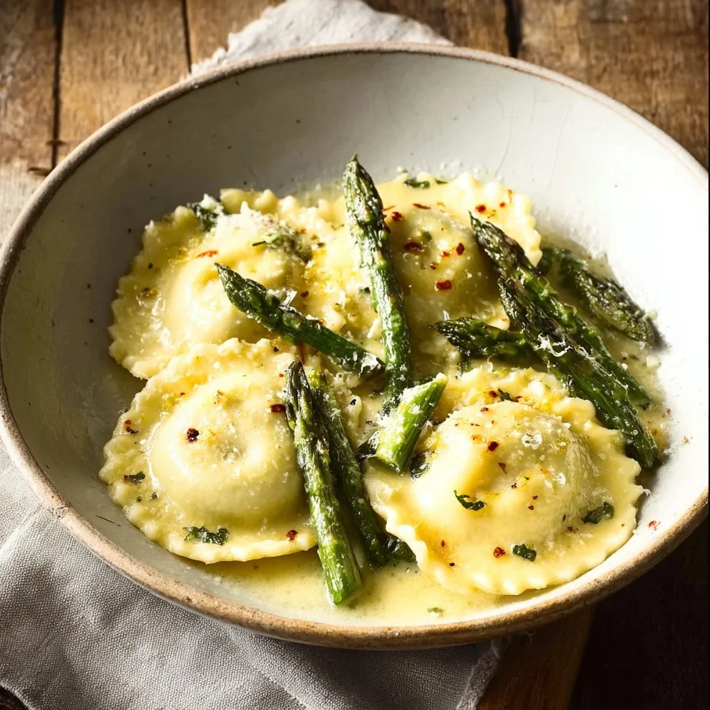 Ravioli served in lemon parmesan butter sauce, garnished with herbs