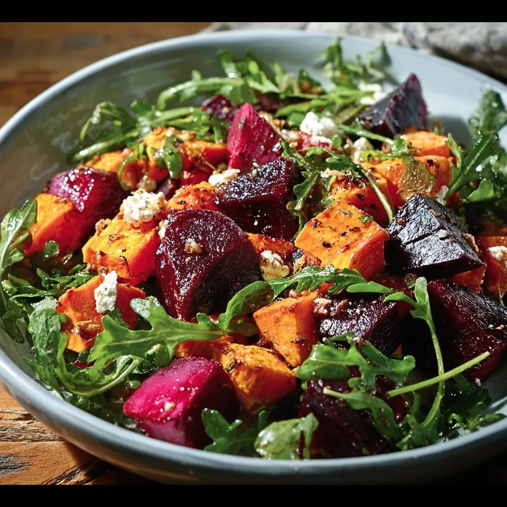 Delicious roasted beet salad with greens and herbs in a colorful bowl