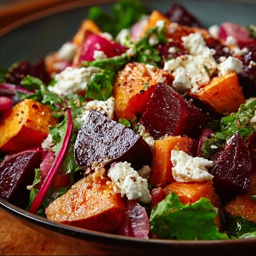 Creamy Roasted Beet Salad with Sweet Potato & Feta