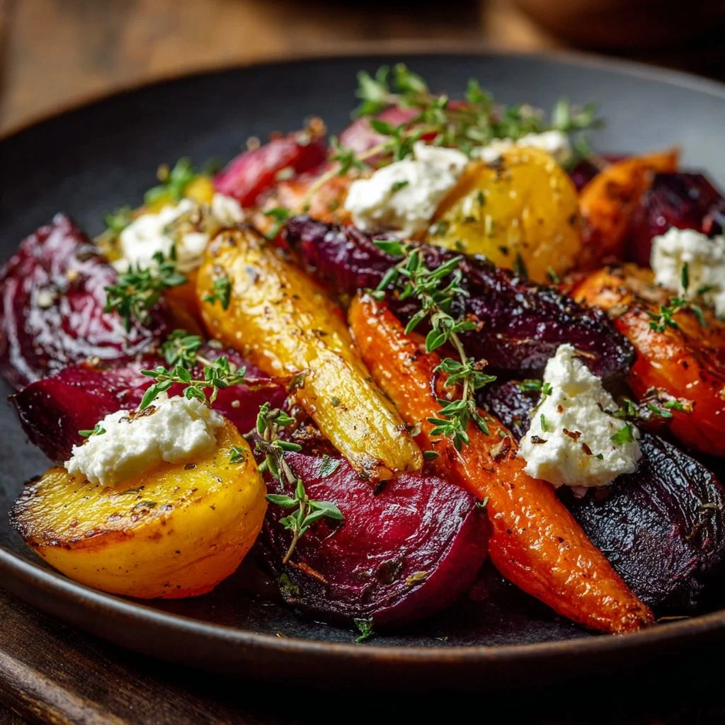 Roasted beets and carrots salad topped with creamy burrata cheese