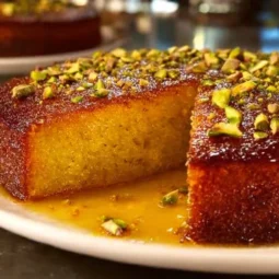 Delicious saffron pistachio basbousa dessert topped with nuts