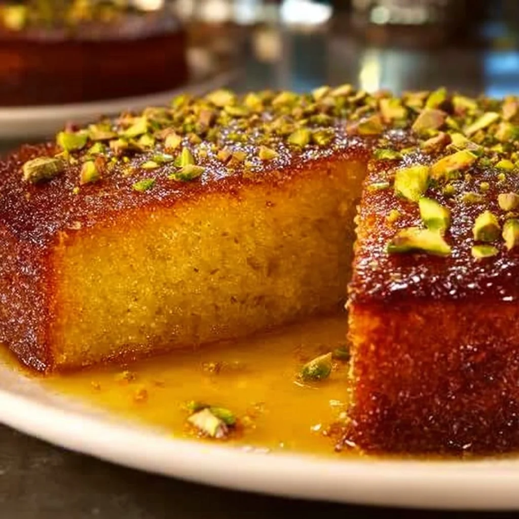 Delicious saffron pistachio basbousa dessert topped with nuts