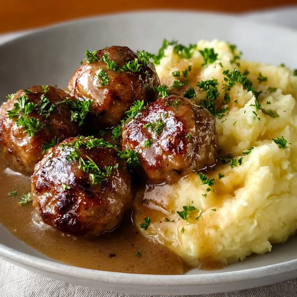 Salisbury Steak Meatballs served with creamy garlic herb mashed potatoes