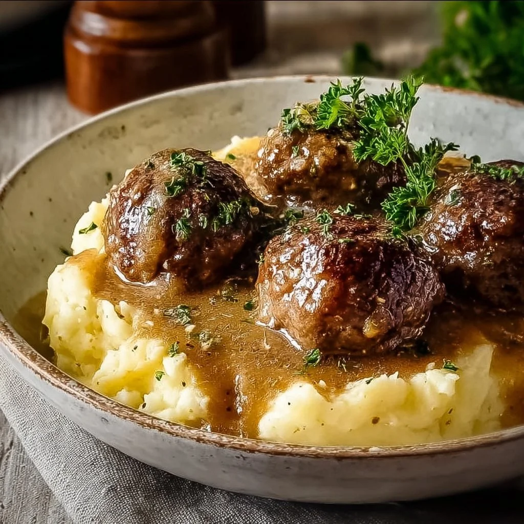 Salisbury Steak Meatballs with Creamy Garlic Herb Mashed Potatoes