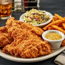 Crispy Chicken Tenders Plate served with coleslaw and dipping sauce.