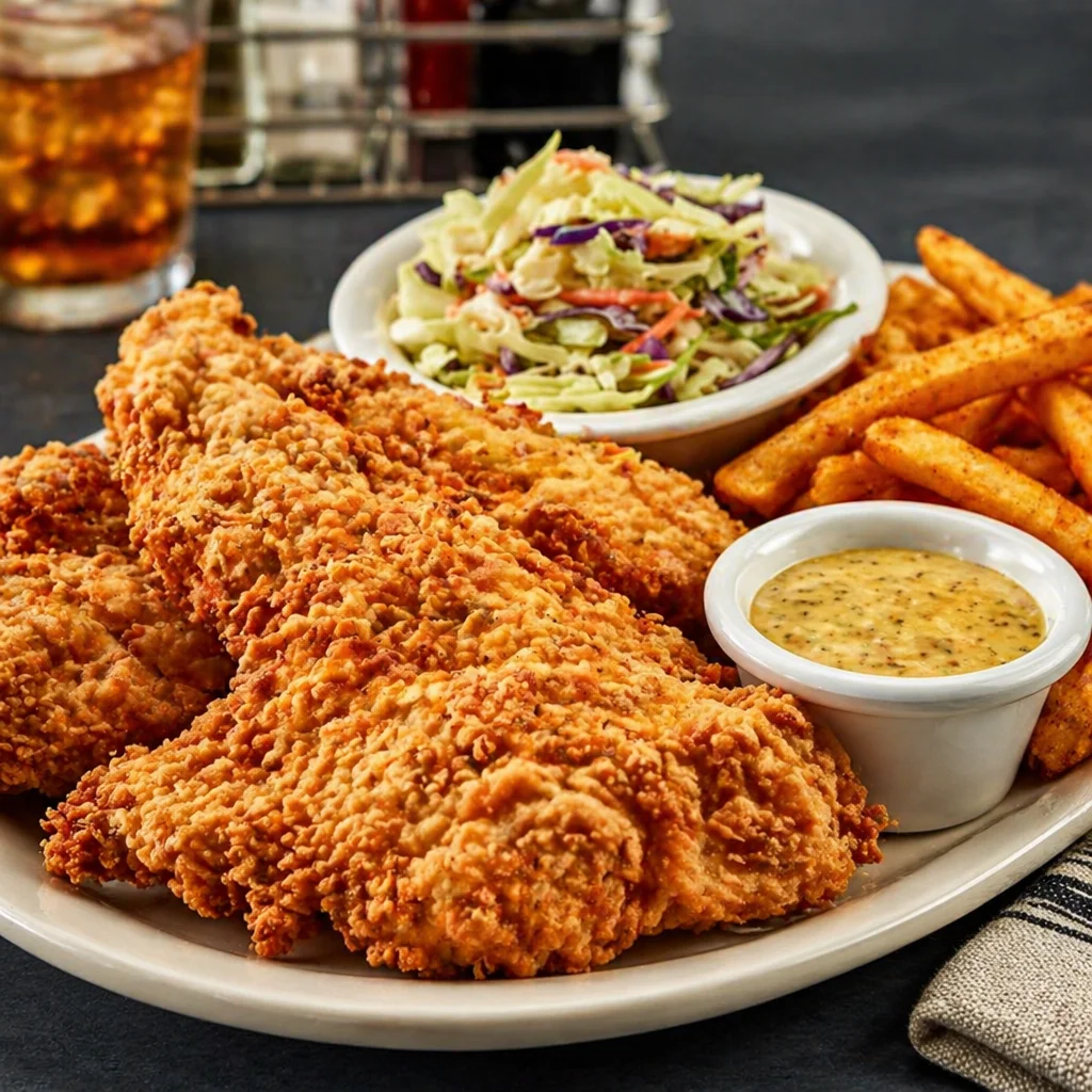 Crispy Chicken Tenders Plate served with coleslaw and dipping sauce.