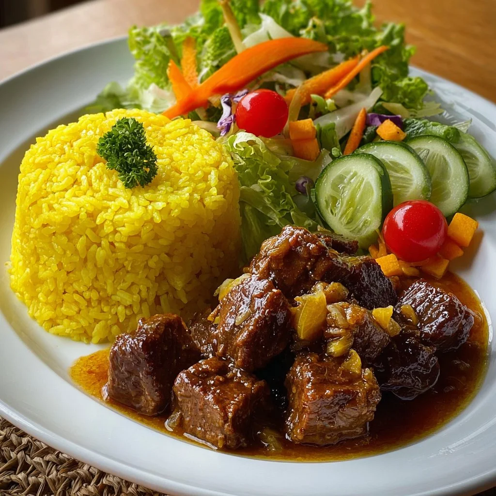 Savory Beef Bites with Yellow Rice & Fresh Garden Salad