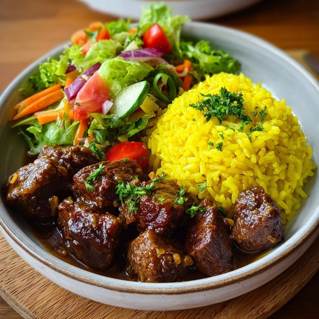 Savory Beef Bites with Yellow Rice & Fresh Garden Salad