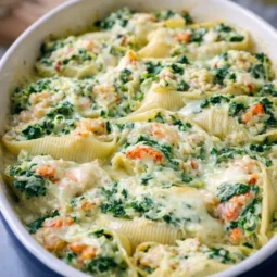 Creamy lobster stuffed shells with seafood filling baked to perfection.