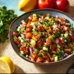 Fresh Shirazi Salad with cucumbers, tomatoes, and herbs served on a plate