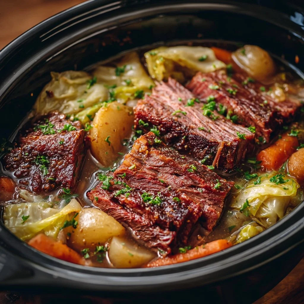 Delicious slow cooker corned beef and cabbage served on a plate