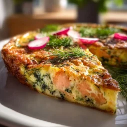 Delicious smoked salmon frittata garnished with fresh dill and served on a plate.