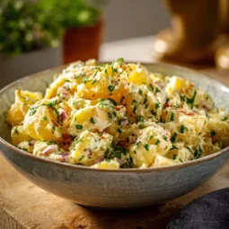 Delicious South African potato salad garnished with herbs and colorful vegetables
