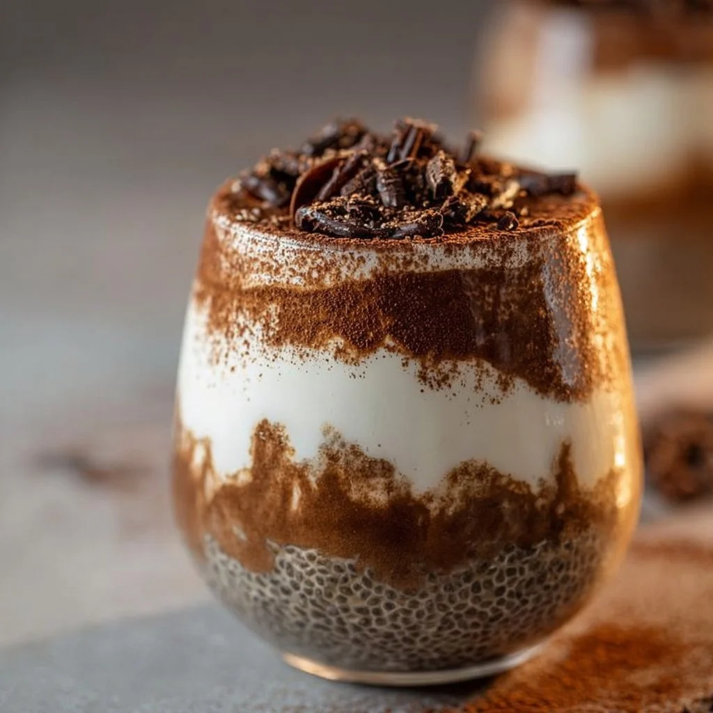 Delicious tiramisu chia pudding served in a bowl with cocoa