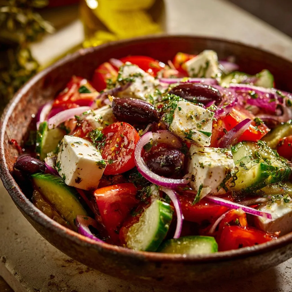 Traditional Greek Salad with fresh vegetables, olives, and feta cheese