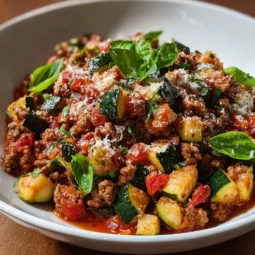 Healthy Turkey Zucchini Skillet dish served in a pan with fresh ingredients.