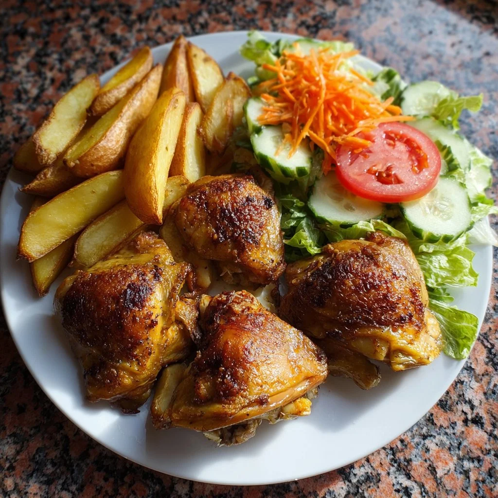 Plate of ultimate crispy chicken and roasted potatoes served for dinner.