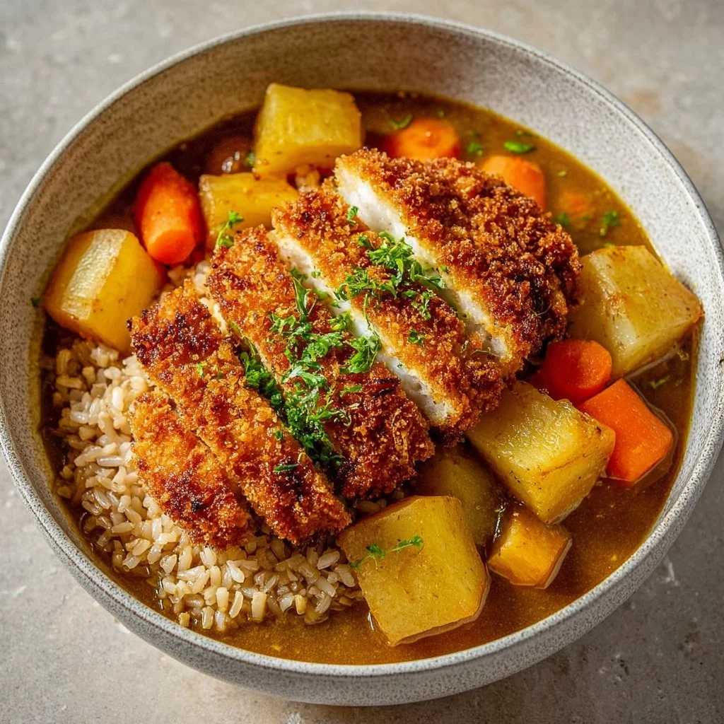 Vegan Katsu Curry with crispy tofu served over brown rice