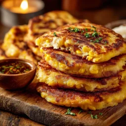 A plate of Venezuelan sweet corn cachapas topped with cheese and avocado.