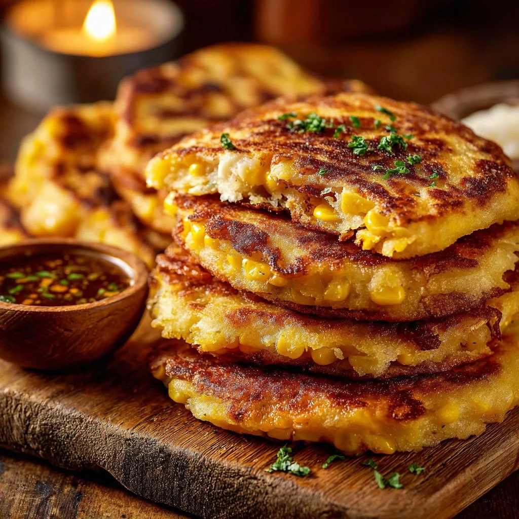 A plate of Venezuelan sweet corn cachapas topped with cheese and avocado.