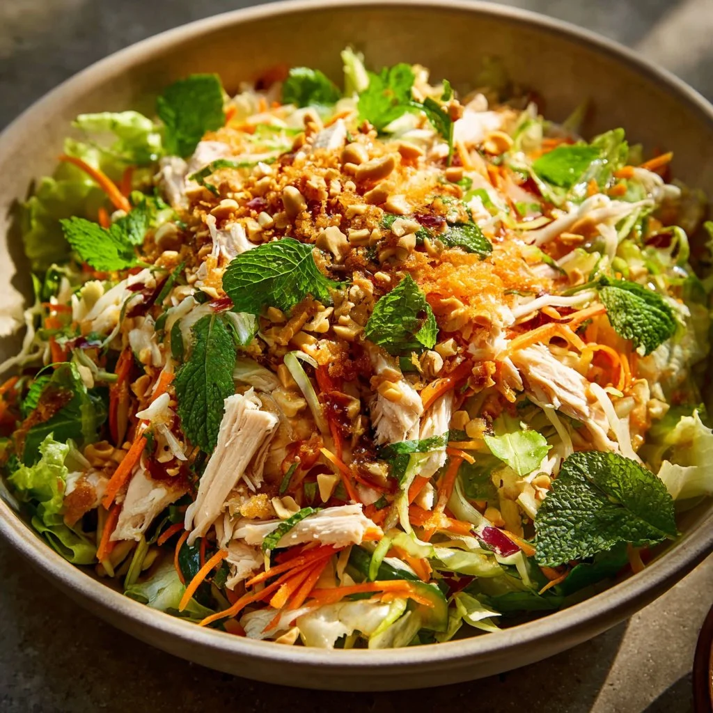 Bowl of fresh Vietnamese Chicken Salad with vibrant herbs and vegetables