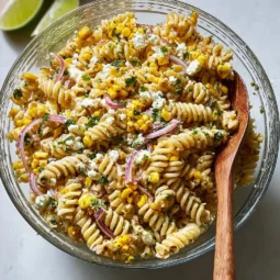Delicious high protein elote pasta salad with vibrant ingredients