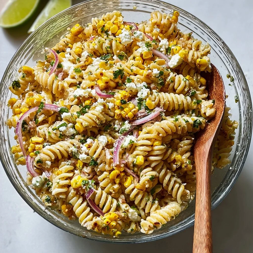 Delicious high protein elote pasta salad with vibrant ingredients