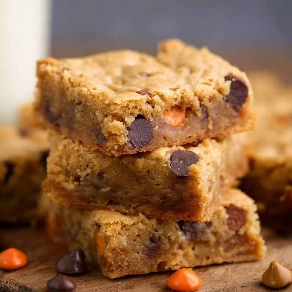 Delicious peanut butter blondies topped with Reese's Pieces