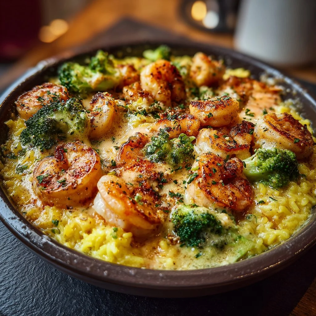 Cheesy shrimp salmon bowl with broccoli and yellow rice, delicious and nutritious meal.