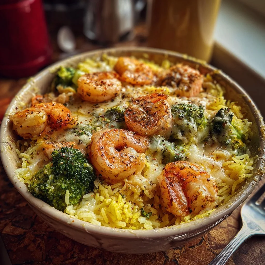 Cheesy Shrimp, Salmon, and Broccoli Yellow Rice Bowl