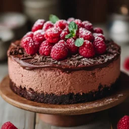 Decadent Chocolate Raspberry Mousse Cake with fresh raspberries on top
