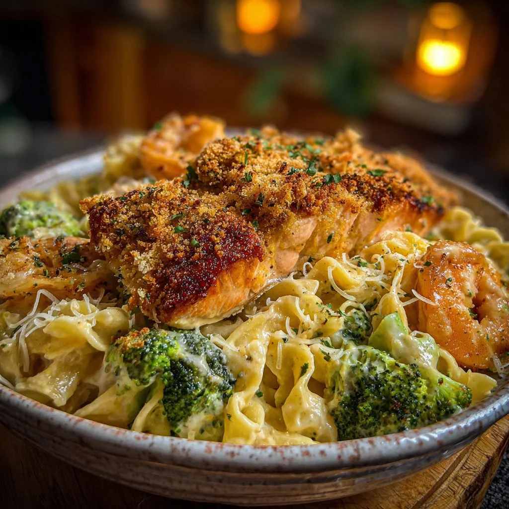 Creamy Cajun Seafood & Broccoli Pasta with Parmesan Crusted Salmon
