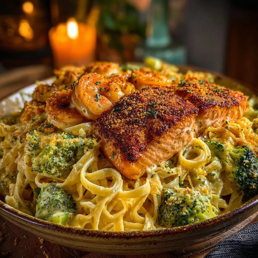 Creamy Cajun Seafood & Broccoli Pasta with Parmesan Crusted Salmon