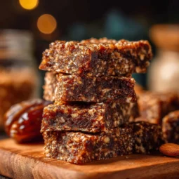 Homemade date bars with nuts and seeds on a wooden table