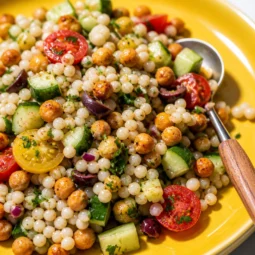 Pearl Couscous Salad with Crispy Chickpeas, fresh vegetables, and a tangy dressing.