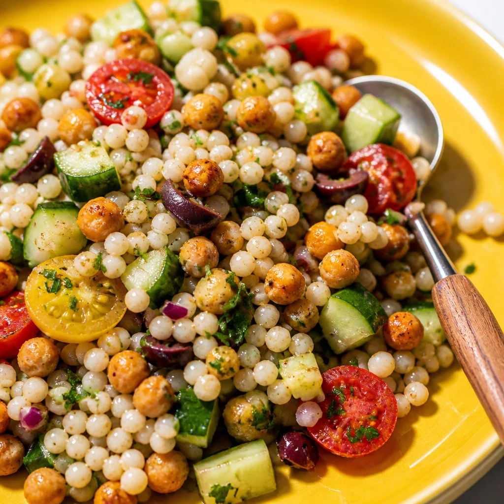 Pearl Couscous Salad with Crispy Chickpeas, fresh vegetables, and a tangy dressing.