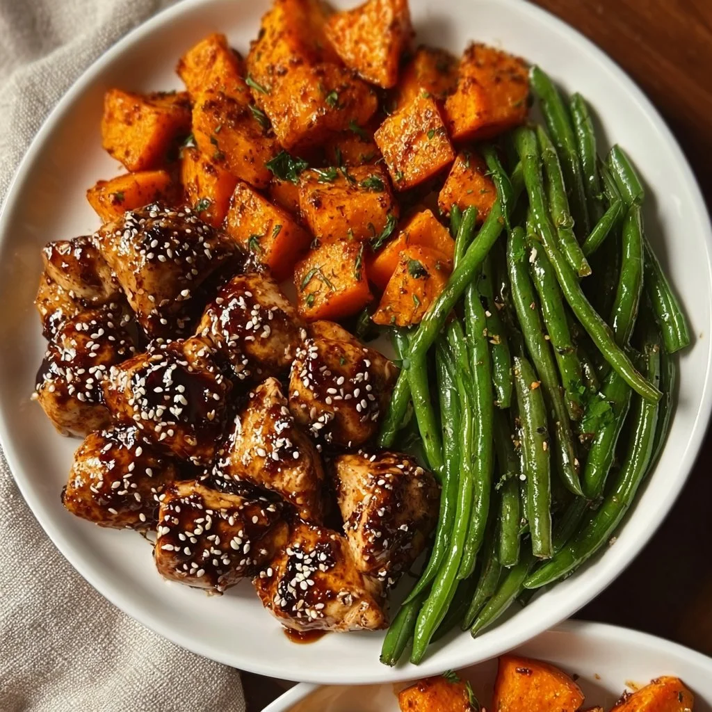 Delicious honey garlic chicken served with roasted sweet potatoes