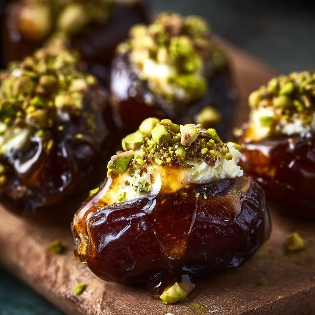 Honey Pistachio Ricotta Stuffed Dates on a serving platter