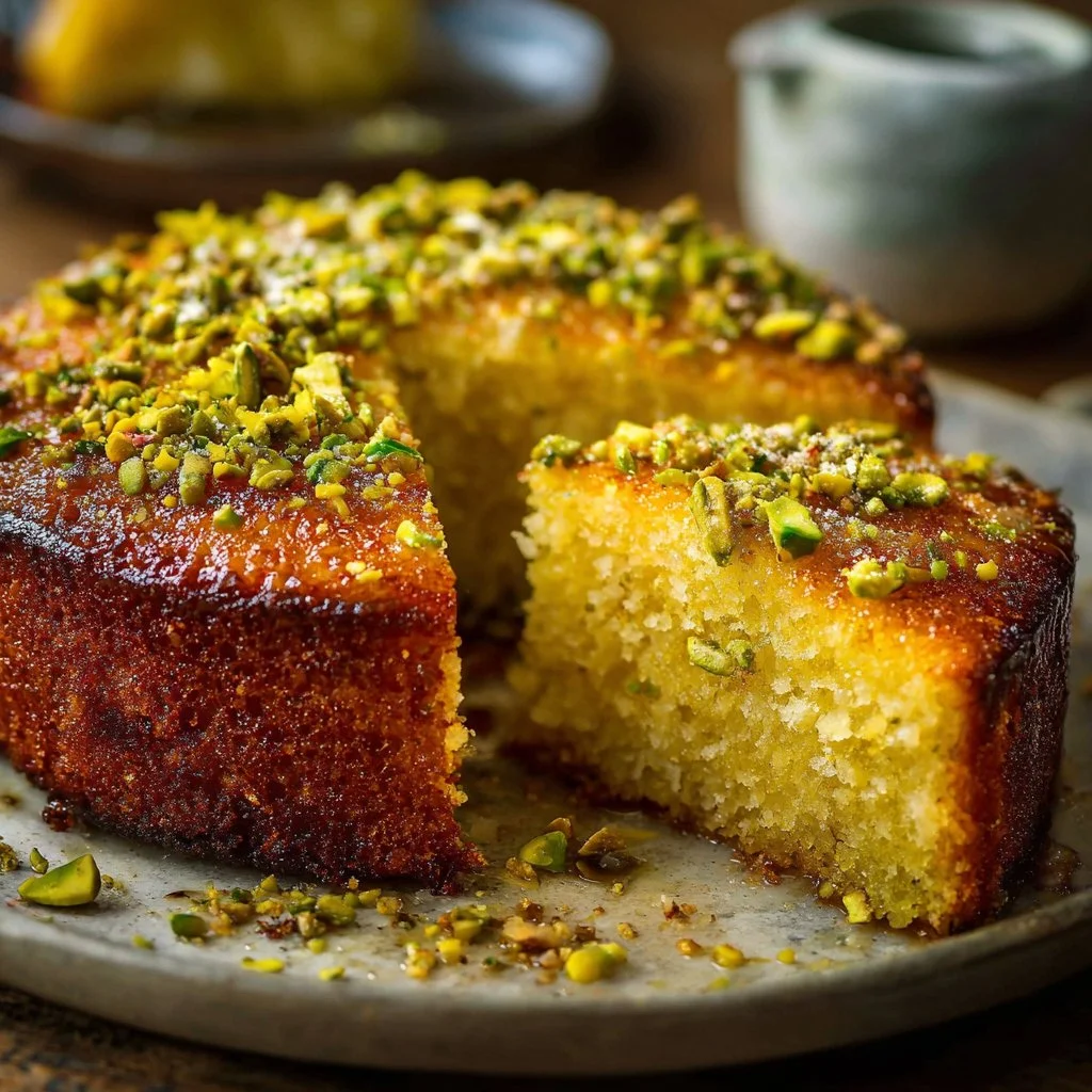 Flourless lemon pistachio cake topped with fresh lemons and pistachios.