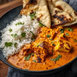 Delicious Halloumi Tikka Masala served in a bowl with herbs