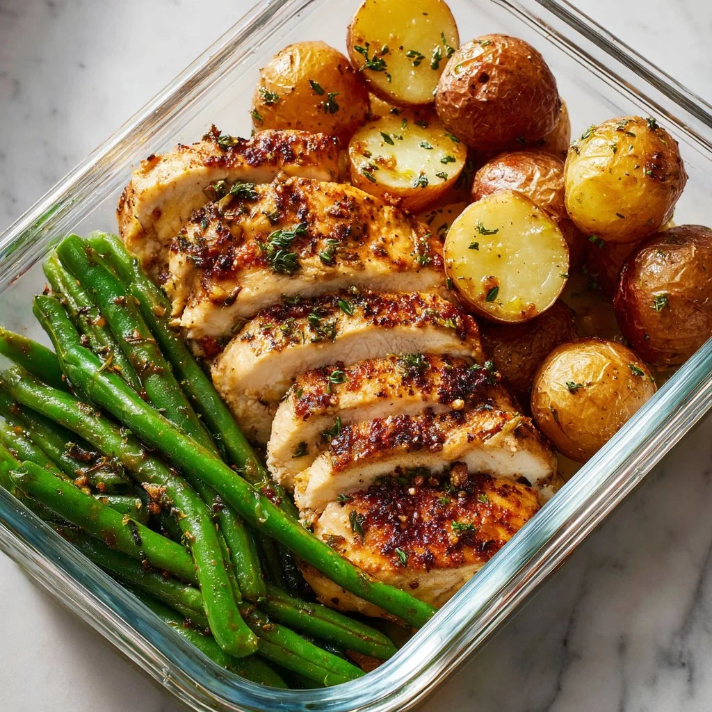 Lemon garlic chicken meal prep in glass containers with vegetables.