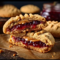 Delicious peanut butter and jelly stuffed cookies fresh out of the oven.