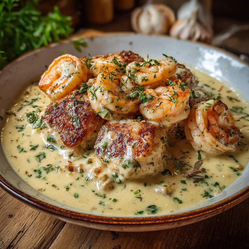 Shrimp and Chicken with Creamy Garlic Sauce
