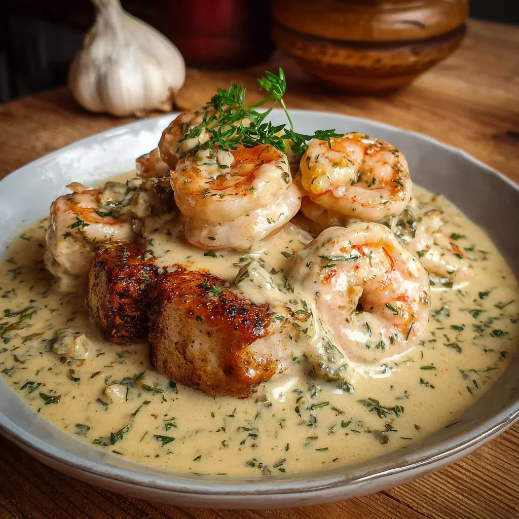 Shrimp and Chicken with Creamy Garlic Sauce