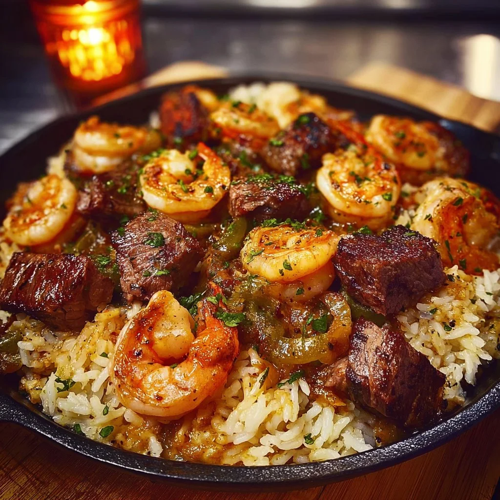 Southern Garlic Butter Shrimp & Steak Rice Skillet