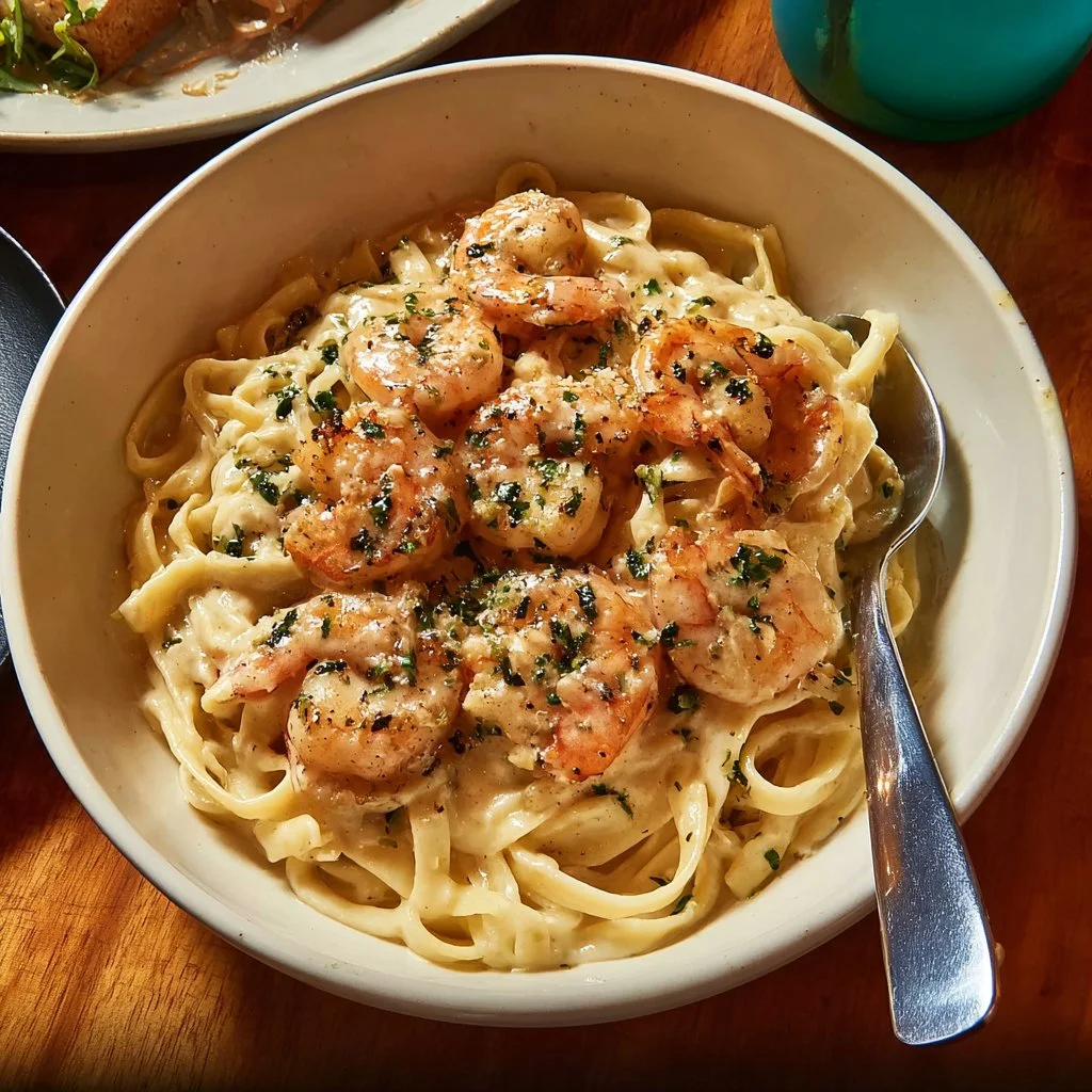 Delicious Southern Soul Shrimp and Scallop Alfredo dish served in a creamy sauce.