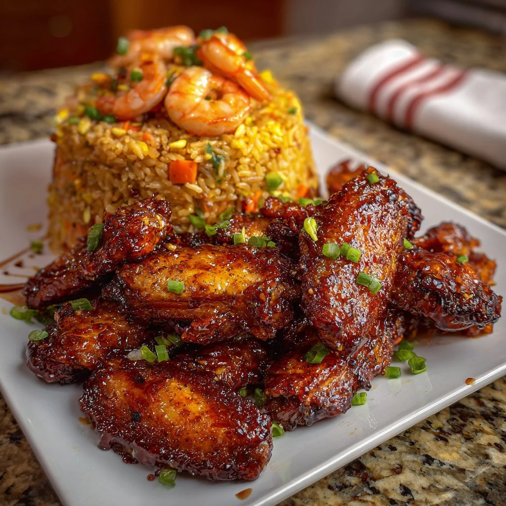 Sticky honey garlic wings served with shrimp fried rice for a tasty meal