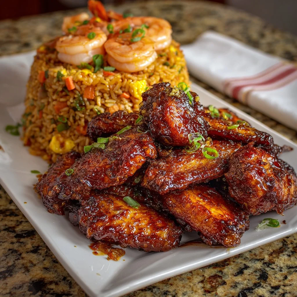 Sticky Honey Garlic Wings with Shrimp Fried Rice