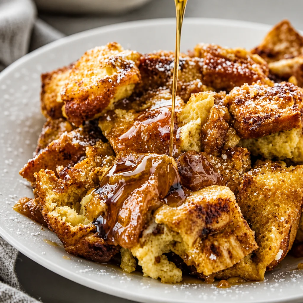 Delicious baked French Toast Casserole topped with syrup and fresh fruit.